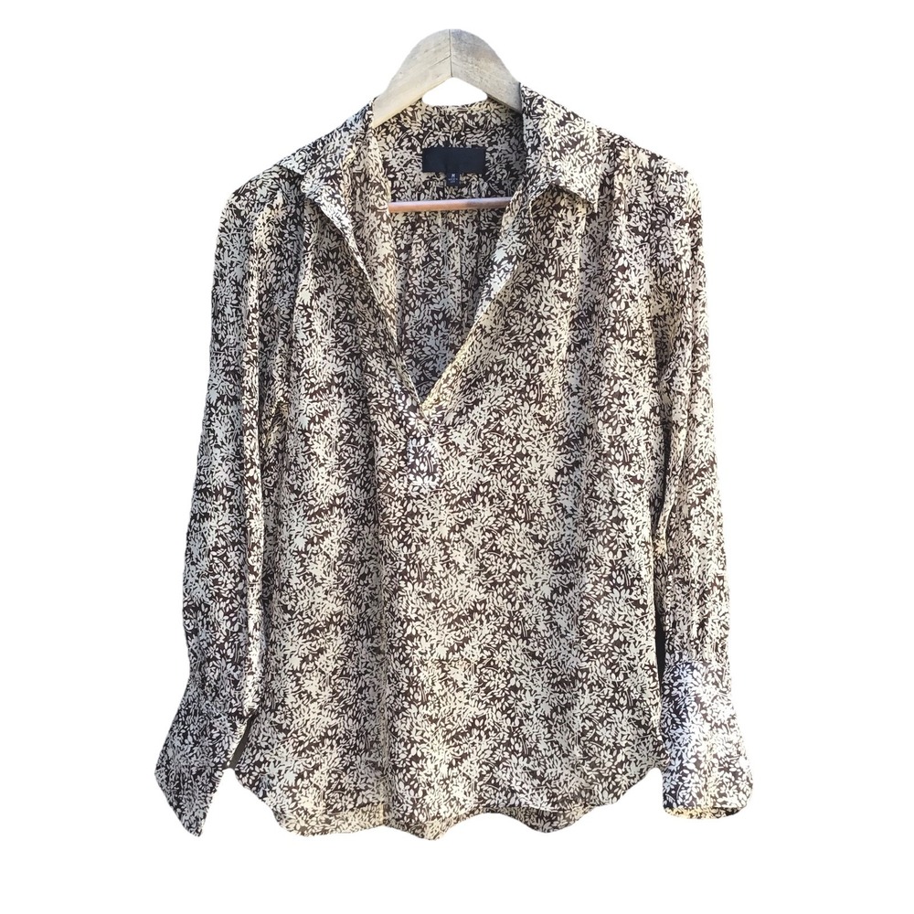 Nili Lotan 100% Silk Floral Print Blouse Brown Cream Made In USA Medium Boho